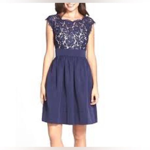 ELIZA J 8P Blue Lace & Faille Fully Lined Dress - Picture 1 of 11